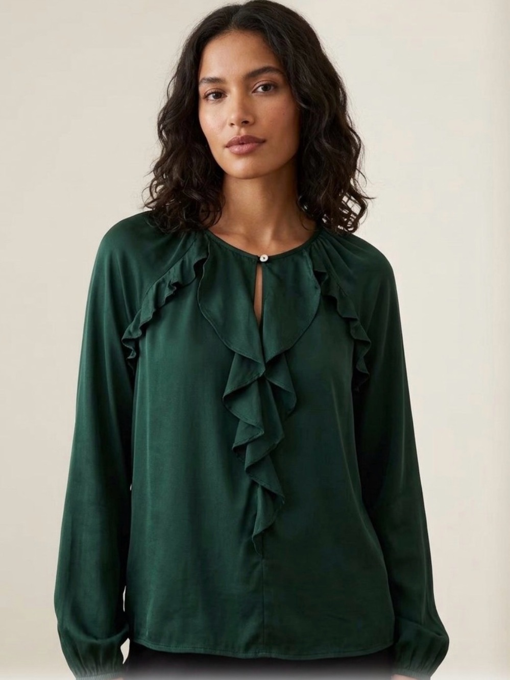 J. Jill Deep Green Ruffle-Front Long Sleeve Blouse